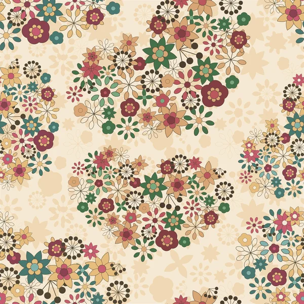 Vector spring seamless pattern with flowers organized in heart s — Stock Vector