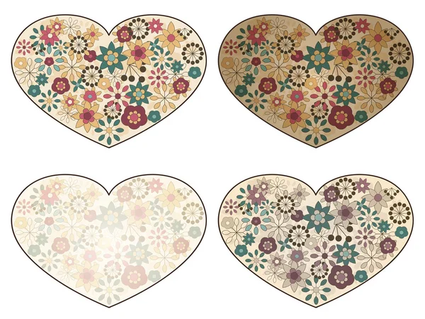 Corazones vectoriales con patrones florales de primavera , — Archivo Imágenes Vectoriales