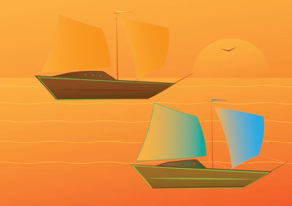 Paysage marin coucher de soleil avec voilier — Image vectorielle
