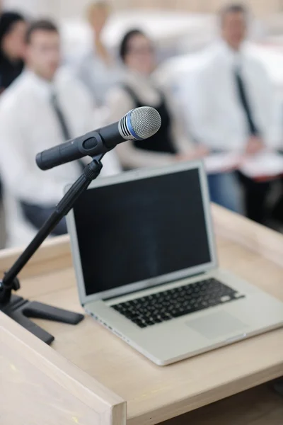 Laptop on conference speech podium — Stock Photo, Image