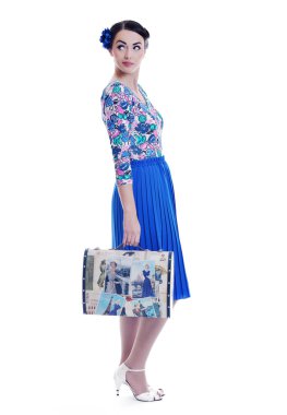 retro kadınla Pinup: izole seyahat çantası