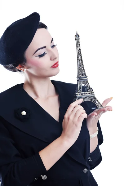 stock image Beautiful young woman with paris symbol eiffel tower