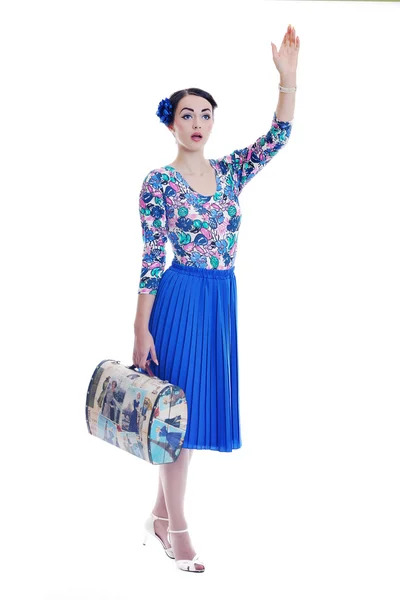 Pinup retro woman with travel bag isolated — Stock Photo, Image