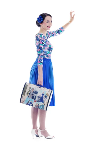 Pinup Retro Frau mit Reisetasche isoliert — Stockfoto