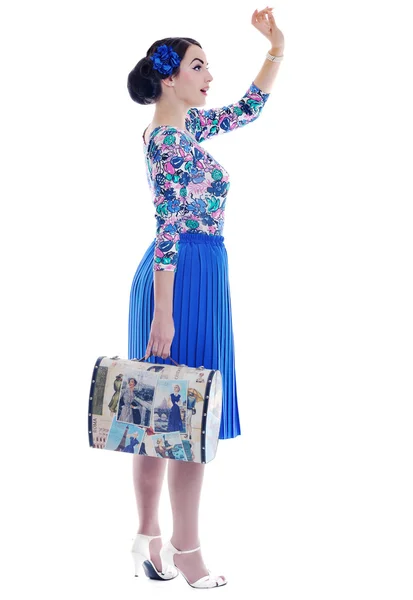 Pinup mulher retro com saco de viagem isolado — Fotografia de Stock