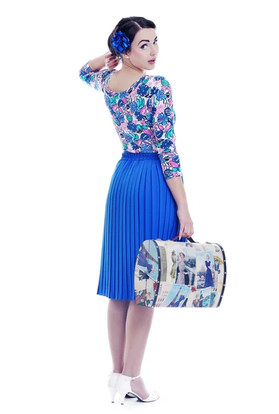 Pinup retro woman with travel bag isolated — Stock Photo, Image