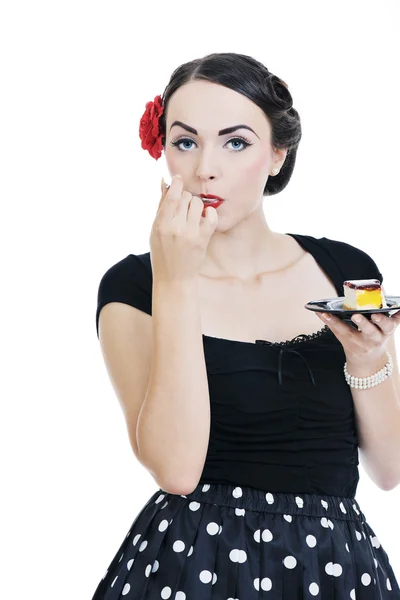 Bastante joven feliz mujer comer pastel — Foto de Stock