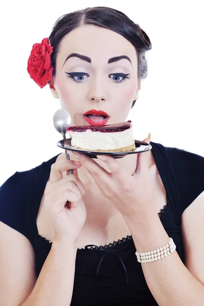 Hezká mladá šťastná žena jíst koláče — Stock fotografie