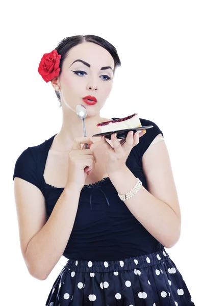 Mooie jonge gelukkig vrouw eet cake — Stockfoto