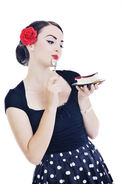 Genç ve güzel mutlu kadın yemek pasta — Stok fotoğraf