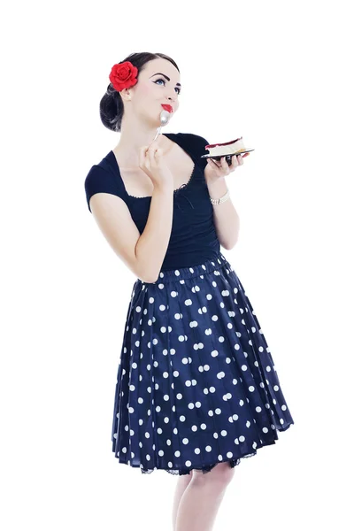 Pretty young happy woman eat cake — Stock Photo, Image