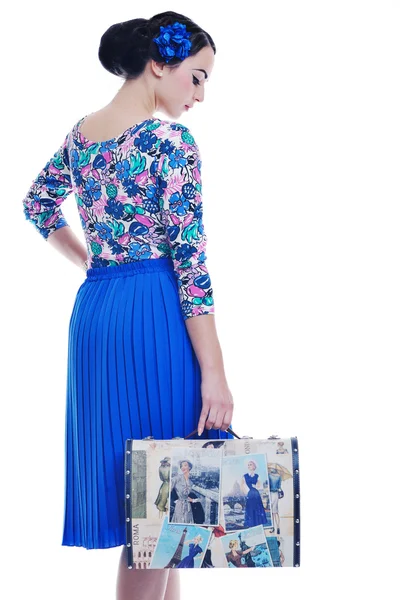 Пінап ретро жінка з дорожньою сумкою ізольована Ліцензійні Стокові Зображення