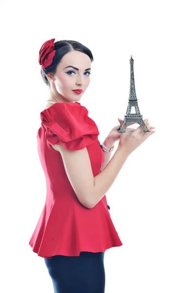 Bella giovane donna con parigi simbolo torre eiffel — Foto Stock