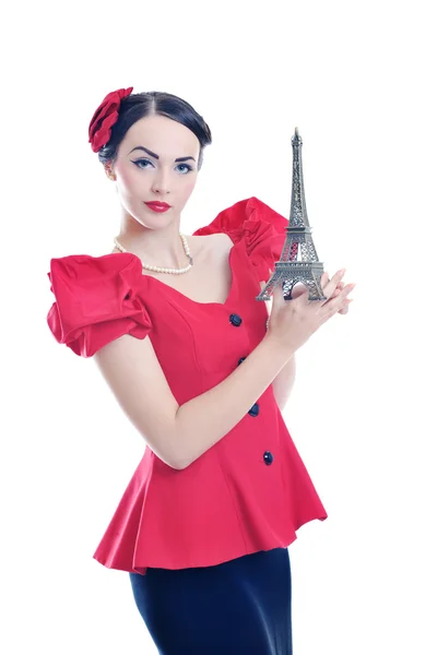 Mooie jonge vrouw met Parijs symbool Eiffeltoren — Stockfoto