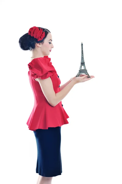 Krásná mladá žena s Paříží symbol Eiffelova věž — Stock fotografie