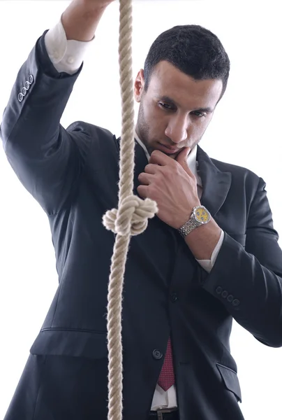 Ділова людина з мотузкою ізольована на білому тлі — стокове фото
