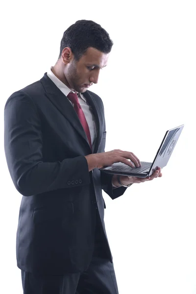 Homem de negócios trabalhar em mini laptop — Fotografia de Stock