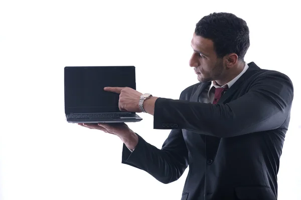 Lavoro di uomo d'affari sul mini computer portatile — Foto Stock