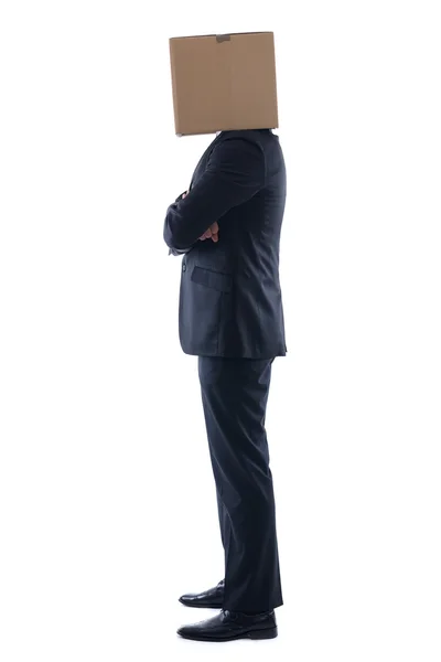 Uomo d'affari con una scatola in testa — Foto Stock