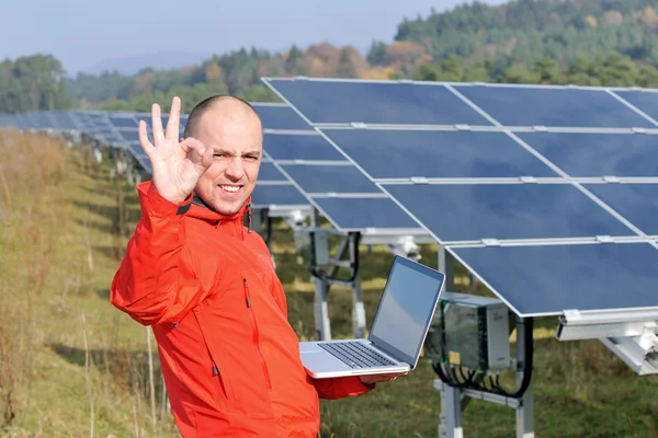Ingénieur utilisant un ordinateur portable au champ d'usine de panneaux solaires Image En Vente