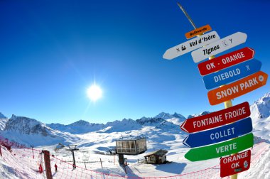 Sign board at High mountains under snow in the winter clipart