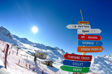 Sign board at High mountains under snow in the winter clipart