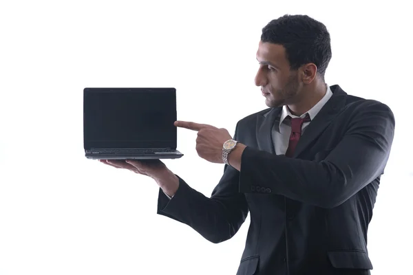 Üzleti ember dolgozik-ra mini laptop — Stock Fotó