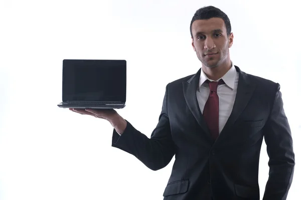 Lavoro di uomo d'affari sul mini computer portatile — Foto Stock