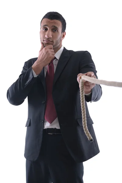 Uomo d'affari con corda isolata su sfondo bianco — Foto Stock