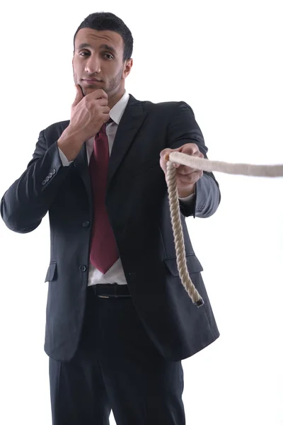 Affärsman med rep isolerad på vit bakgrund — Stockfoto