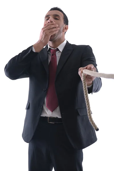 Homem de negócios com corda isolada no fundo branco — Fotografia de Stock