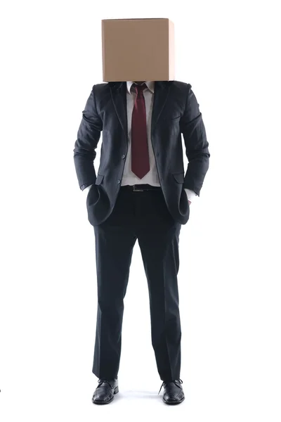Деловой человек с коробкой на голове — стоковое фото