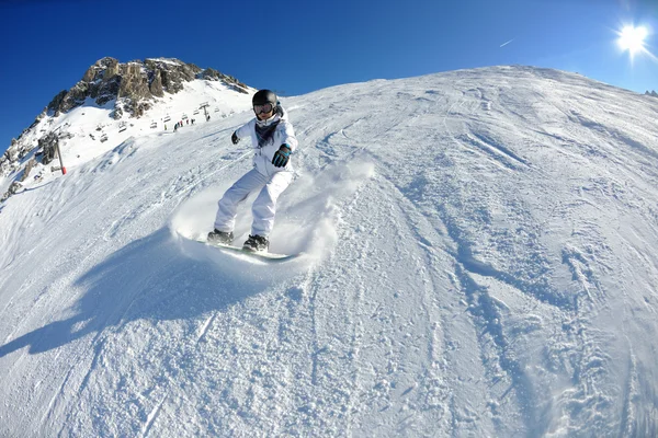 Skidåkning på nysnö vintertid på vacker solig dag — Stockfoto