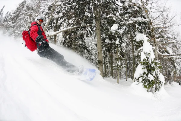 Snowboarder em neve profunda fresca — Fotografia de Stock