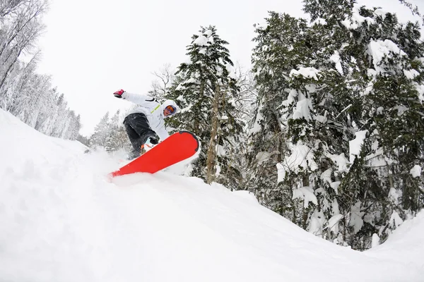 Snowboardzista na świeże w głębokim śniegu — Zdjęcie stockowe