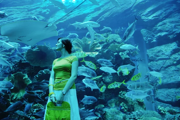 Junge Frau mit großem Aquarium in Backgrond — Stockfoto
