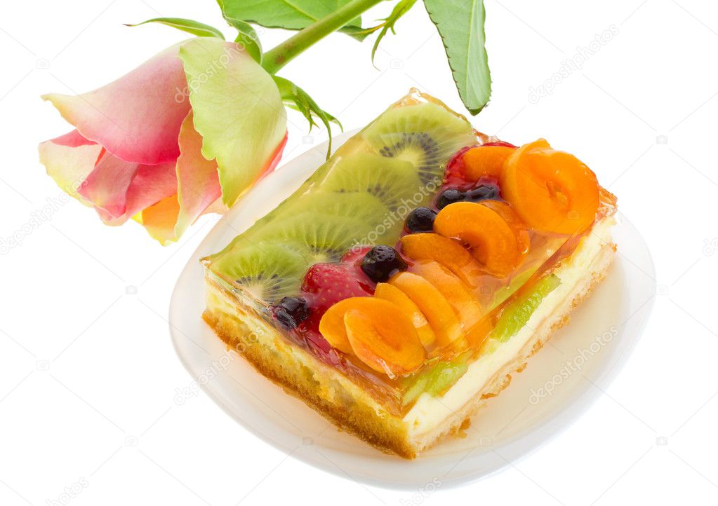 Curd cake with fruits and rose