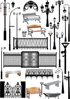 set of isolated fences and street lamps clipart