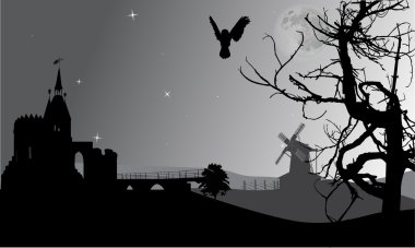 owl above night castle clipart