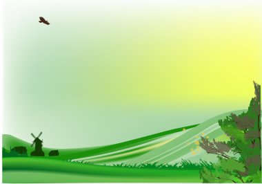 windmill in green country landscape clipart