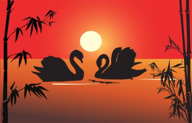 two swan silhouettes in bamboo bush clipart