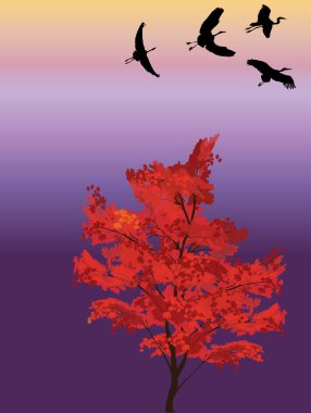 fluing cranes above fall tree clipart