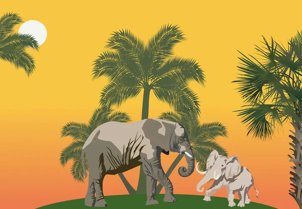 Due elefanti vicino alle palme — Vettoriale Stock