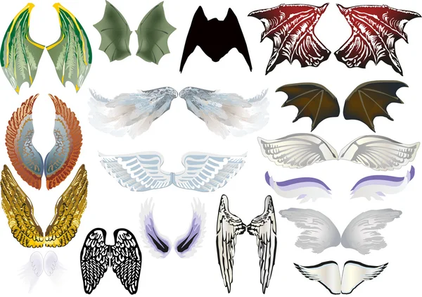 Φτερά αγγέλου και Δράκου που απομονώνονται σε λευκό — Διανυσματικό Αρχείο