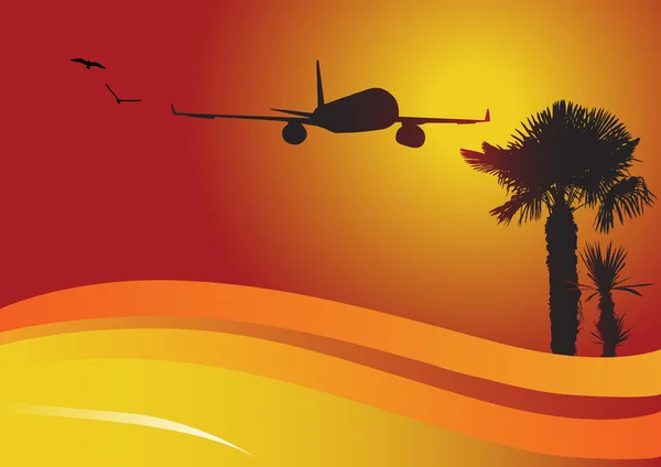 Palms and plane at orange sunset — Stock Vector