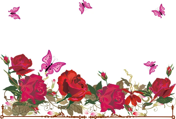 Rosas rojas y mariposas rosas — Vector de stock