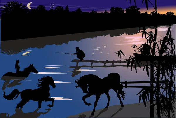 Лошади в реке ночью — стоковый вектор