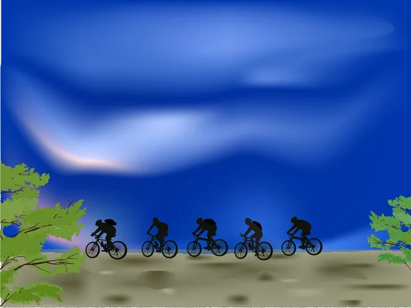 Группа силуэтов велосипедистов на открытом воздухе — стоковый вектор