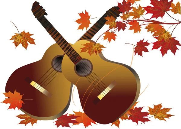 Два гітари і осіннє кленове листя — стоковий вектор