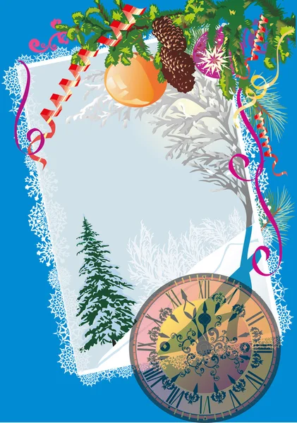 Clock on christmas illustration — Stock Vector